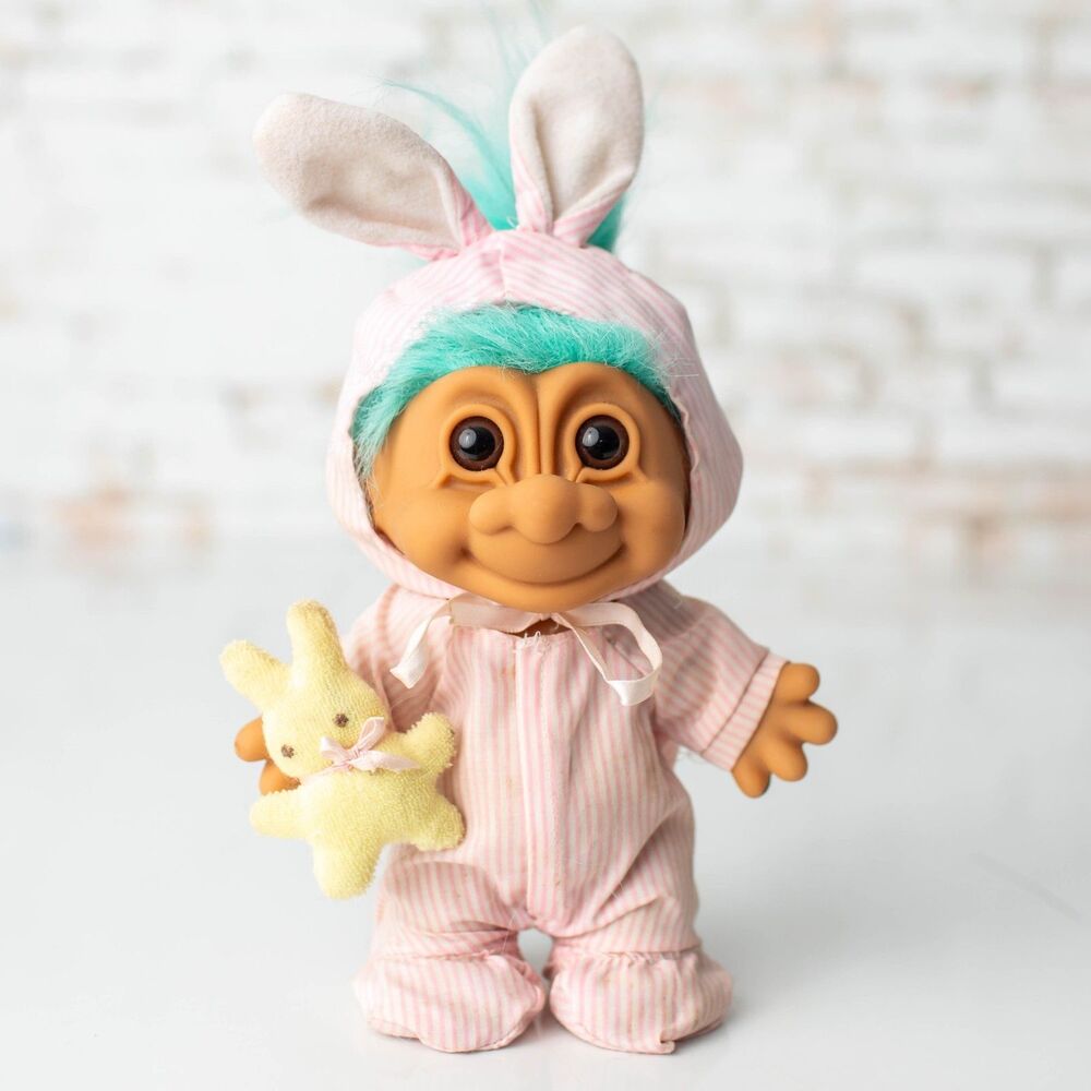 Vintage Russ Berrie Easter Troll Doll Hooded Sleeper w/ Bunny Ears Yellow Bunny